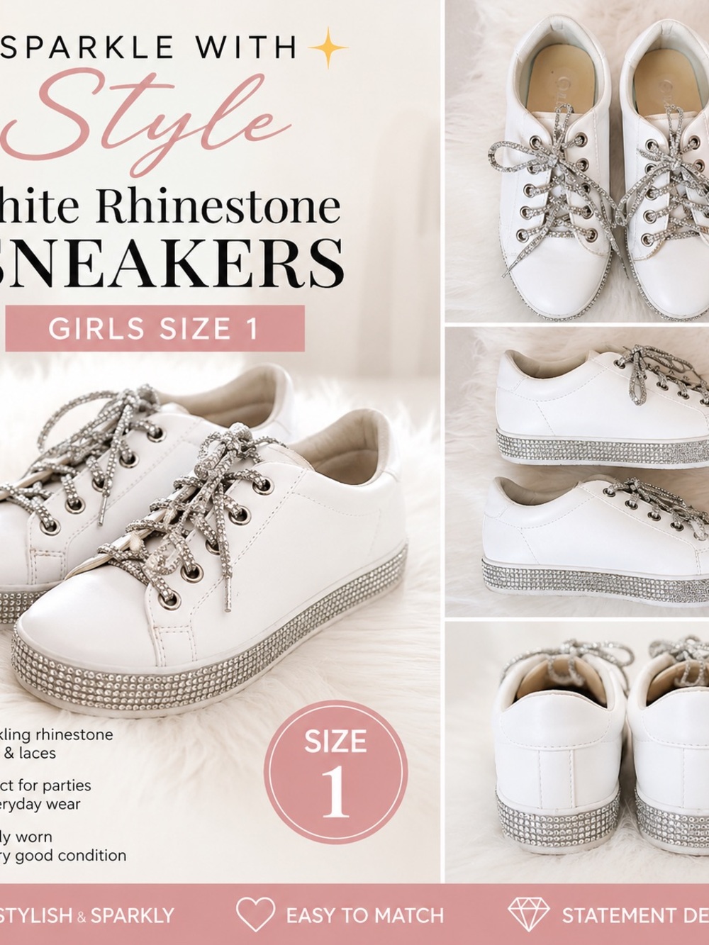 Girls White Rhinestone Sneakers with Sparkle Laces - Size 1
